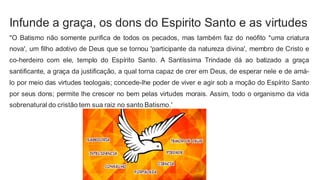 Infunde a graça, os dons do Espirito Santo e as virtudes
"O Batismo não somente purifica de todos os pecados, mas também faz do neófito *uma criatura
nova', um filho adotivo de Deus que se tornou 'participante da natureza divina', membro de Cristo e
co-herdeiro com ele, templo do Espírito Santo. A Santíssima Trindade dá ao batizado a graça
santificante, a graça da justificação, a qual torna capaz de crer em Deus, de esperar nele e de amá-
lo por meio das virtudes teologais; concede-lhe poder de viver e agir sob a moção do Espírito Santo
por seus dons; permite lhe crescer no bem pelas virtudes morais. Assim, todo o organismo da vida
sobrenatural do cristão tem sua raiz no santo Batismo.'
 