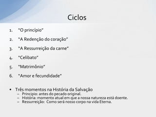Ciclos
1.   “O princípio”
2.   “A Redenção do coração”
3.   “A Ressurreição da carne”
4.   “Celibato”
5.   “Matrimônio”
6.   “Amor e fecundidade”

• Três momentos na História da Salvação
     – Principio: antes do pecado original.
     – História: momento atual em que a nossa natureza está doente.
     – Ressurreição: Como será nosso corpo na vida Eterna.
 