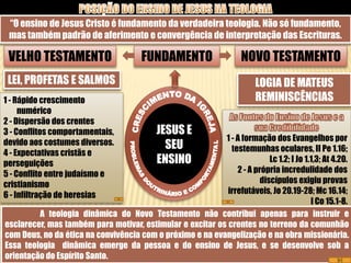 “O ensino de Jesus Cristo é fundamento da verdadeira teologia. Não só fundamento,
 mas também padrão de aferimento e convergência de interpretação das Escrituras.

 VELHO TESTAMENTO                       FUNDAMENTO                    NOVO TESTAMENTO
 LEI, PROFETAS E SALMOS                                                   LOGIA DE MATEUS
1 - Rápido crescimento                                                    REMINISCÊNCIAS
     numérico
2 - Dispersão dos crentes
3 - Conflitos comportamentais,              JESUS E
                                                           1 - A formação dos Evangelhos por
devido aos costumes diversos.                 SEU            testemunhas oculares, II Pe 1.16;
4 - Expectativas cristãs e
perseguições                                ENSINO                        Lc 1.2; I Jo 1.1,3; At 4.20.
5 - Conflito entre judaísmo e                                  2 - A própria incredulidade dos
cristianismo                                                           discípulos exigiu provas
6 - Infiltração de heresias                                 irrefutáveis, Jo 20.19-28; Mc 16.14;
                                                                                         I Co 15.1-8.
         A teologia dinâmica do Novo Testamento não contribui apenas para instruir e
esclarecer, mas também para motivar, estimular e excitar os crentes no terreno da comunhão
com Deus, no da ética na convivência com o próximo e na evangelização e na obra missionária.
Essa teologia dinâmica emerge da pessoa e do ensino de Jesus, e se desenvolve sob a
orientação do Espírito Santo.
 