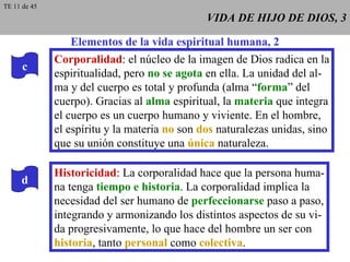 VIDA DE HIJO DE DIOS, 3 Elementos de la vida espiritual humana, 2 d c Corporalidad : el núcleo de la imagen de Dios radica en la espiritualidad, pero  no se agota  en ella. La unidad del al- ma y del cuerpo es total y profunda (alma “ forma ” del cuerpo). Gracias al  alma  espiritual, la  materia  que integra el cuerpo es un cuerpo humano y viviente. En el hombre, el espíritu y la materia  no  son  dos  naturalezas unidas, sino que su unión constituye una  única  naturaleza. Historicidad : La corporalidad hace que la persona huma- na tenga  tiempo e historia . La corporalidad implica la necesidad del ser humano de  perfeccionarse  paso a paso, integrando y armonizando los distintos aspectos de su vi- da progresivamente, lo que hace del hombre un ser con historia , tanto  personal  como  colectiva . TE 11 de 45 