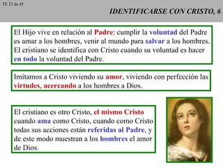 IDENTIFICARSE CON CRISTO, 6 El Hijo vive en relación al  Padre : cumplir la  voluntad  del Padre es amar a los hombres, venir al mundo para  salvar  a los hombres. El cristiano se identifica con Cristo cuando su voluntad es hacer en todo  la voluntad del Padre. Imitamos a Cristo viviendo su  amor , viviendo con perfección las virtudes ,  acercando  a los hombres a Dios. El cristiano es otro Cristo,  el mismo Cristo cuando  ama  como Cristo, cuando como Cristo todas sus acciones están  referidas al Padre , y de este modo muestran a los  hombres  el amor de Dios. TE 23 de 45 