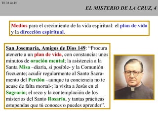 EL MISTERIO DE LA CRUZ, 4 Medios  para el crecimiento de la vida espiritual: el  plan de vida y la  dirección espiritual . San Josemaría, Amigos de Dios 149 : “Procura atenerte a un  plan de vida , con constancia: unos minutos de  oración mental ; la asistencia a la Santa  Misa  –diaria, si posible- y la Comunión frecuente; acudir regularmente al Santo Sacra- mento del  Perdón  –aunque tu conciencia no te acuse de falta mortal-; la visita a Jesús en el Sagrario ; el rezo y la contemplación de los misterios del Santo  Rosario , y tantas prácticas estupendas que tú conoces o puedes aprender”. TE 38 de 45 