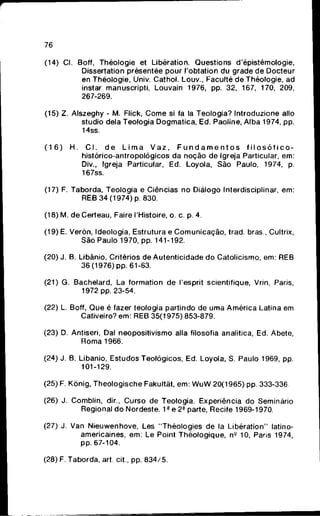 76
(14) Cl. Boff, Théologie et Liberation. Questions d'épistémologie,
Dissertation présentée pour r o b t a t i o n du grade de Docteur
en Théologie, Univ. Cathol. Louv., Faculte de Théologie, ad
instar manuscripti, Louvain 1976, pp. 32, 167, 170, 209,
267-269.
(15) Z. AIszeghy - M. Flick, Come si fa Ia Teologia? Introduzione alio
studio dela Teologia Dogmática, Ed. Paoline, AIba 1974, pp.
14ss.
( 1 6 ) H. C l . d e L i m a V a z , F u n d a m e n t o s f i l o s ó f i c o -
histórico-antropológicos da noção de Igreja Particular, em:
Div., Igreja Particular, Ed. Loyola, São Paulo, 1974, p.
167SS.
(17) F. Taborda, Teologia e Ciências no Diálogo Interdisciplinar, em:
REB 34 (1974) p. 830.
(18) M. de Certeau, Faire TMistolre, o. c. p. 4.
(19) E. Verón, Ideologia, Estrutura e C o m u n i c a ç ã o , trad. bras., Cultrix,
São Paulo 1970, pp. 141-192.
(20) J. B. Libânio, Critérios de Autenticidade do Catolicismo, em: REB
36 (1976) pp. 61-63.
(21) G. Bachelard, La formation de Tesprit scientifique, Vrin, Paris,
1972 pp. 23-54.
(22) L. Boff, Que é fazer teologia partindo de uma A m é r i c a Latina em
Cativeiro? em: REB 35(1975) 853-879.
(23) D. Antiseri, Dal neopositivismo alia filosofia analítica, Ed. Abete,
Roma 1966.
(24) J. B. Libanio, Estudos Teológicos, Ed. Loyola, S. Paulo 1969, pp.
101-129.
(25) F. Kònig, Theologische Fakultãt, em: W u W 20(1965) pp. 333-336.
(26) J. Comblin, dir.. Curso de Teologia. Experiência do Seminário
Regional d o Nordeste. 1^ e 2^ parte, Recife 1969-1970.
(27) J. Van Nieuwenhove, Les "Théologies de Ia Liberation" latino-
americaines, em: Le Point Théologique, n^ 10, Paris 1974,
pp. 67-104.
(28) F. Taborda, art. cit., pp. 8 3 4 / 5 .
 