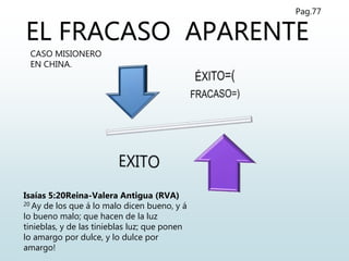 EL FRACASO APARENTE
CASO MISIONERO
EN CHINA.
Isaías 5:20Reina-Valera Antigua (RVA)
20 Ay de los que á lo malo dicen bueno, y á
lo bueno malo; que hacen de la luz
tinieblas, y de las tinieblas luz; que ponen
lo amargo por dulce, y lo dulce por
amargo!
Pag.77
 