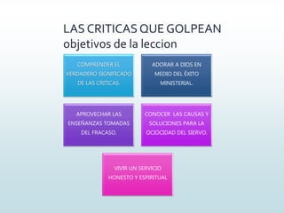 LAS CRITICAS QUE GOLPEAN
objetivos de la leccion
COMPRENDER EL
VERDADERO SIGNIFICADO
DE LAS CRITICAS.
ADORAR A DIOS EN
MEDIO DEL ÉXITO
MINISTERIAL.
APROVECHAR LAS
ENSEÑANZAS TOMADAS
DEL FRACASO.
CONOCER LAS CAUSAS Y
SOLUCIONES PARA LA
OCIOCIDAD DEL SIERVO.
VIVIR UN SERVICIO
HONESTO Y ESPIRITUAL
 