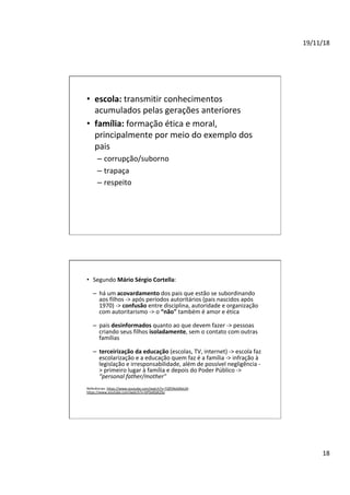 19/11/18	
18	
•  escola:	transmitir	conhecimentos	
acumulados	pelas	gerações	anteriores	
•  família:	formação	ética	e	moral,	
principalmente	por	meio	do	exemplo	dos	
pais	
– corrupção/suborno	
– trapaça	
– respeito	
•  Segundo	Mário	Sérgio	Cortella:	
–  há	um	acovardamento	dos	pais	que	estão	se	subordinando	
aos	filhos	->	após	períodos	autoritários	(pais	nascidos	após	
1970)	->	confusão	entre	disciplina,	autoridade	e	organização	
com	autoritarismo	->	o	“não"	também	é	amor	e	ética	
–  pais	desinformados	quanto	ao	que	devem	fazer	->	pessoas	
criando	seus	filhos	isoladamente,	sem	o	contato	com	outras	
famílias	
–  terceirização	da	educação	(escolas,	TV,	internet)	->	escola	faz	
escolarização	e	a	educação	quem	faz	é	a	família	->	infração	à	
legislação	e	irresponsabilidade,	além	de	possível	negligência	-
>	primeiro	lugar	à	família	e	depois	do	Poder	Público	->	
“personal	father/mother"	
Referências:	https://www.youtube.com/watch?v=TQf5NoGReLM	-	
https://www.youtube.com/watch?v=bF0yKlpK2So	
 