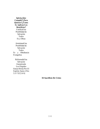 Iglesia¿Que
 Cumplió?¿Para
 Quienes?¿Como
 Se Aplican Los
   Beneficios?
   CatólicaUna
  Posibilidad de
    Salvación
     Todos
   Fe y Obras

  ArminianaUna
  Posibilidad de
    Salvación
      Todos
Fe y Obediencia
Evangelica

  ReformadaUna
     Salvación
    Garantizada
   Los Elegidos
Gracia Divina Por El
Espíritu Santo (Tito
3:3-7 Ef.2:8-9)

                       El Sacrificio De Cristo




                              116
 