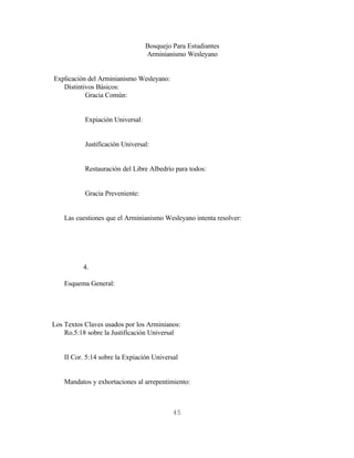 Bosquejo Para Estudiantes
                                  Arminianismo Wesleyano


Explicación del Arminianismo Wesleyano:
   Distintivos Básicos:
           Gracia Común:


           Expiación Universal:


           Justificación Universal:


           Restauración del Libre Albedrío para todos:


           Gracia Preveniente:


    Las cuestiones que el Arminianismo Wesleyano intenta resolver:




          4.

    Esquema General:




Los Textos Claves usados por los Arminianos:
    Ro.5:18 sobre la Justificación Universal


    II Cor. 5:14 sobre la Expiación Universal


    Mandatos y exhortaciones al arrepentimiento:



                                           45
 