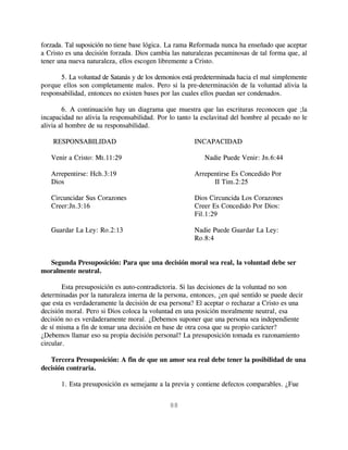 forzada. Tal suposición no tiene base lógica. La rama Reformada nunca ha enseñado que aceptar
a Cristo es una decisión forzada. Dios cambia las naturalezas pecaminosas de tal forma que, al
tener una nueva naturaleza, ellos escogen libremente a Cristo.

       5. La voluntad de Satanás y de los demonios está predeterminada hacia el mal simplemente
porque ellos son completamente malos. Pero si la pre-determinación de la voluntad alivia la
responsabilidad, entonces no existen bases por las cuales ellos puedan ser condenados.

        6. A continuación hay un diagrama que muestra que las escrituras reconocen que ;la
incapacidad no alivia la responsabilidad. Por lo tanto la esclavitud del hombre al pecado no le
alivia al hombre de su responsabilidad.

    RESPONSABILIDAD                                    INCAPACIDAD

   Venir a Cristo: Mt.11:29                               Nadie Puede Venir: Jn.6:44

   Arrepentirse: Hch.3:19                              Arrepentirse Es Concedido Por
   Dios                                                      II Tim.2:25

   Circuncidar Sus Corazones                           Dios Circuncida Los Corazones
   Creer:Jn.3:16                                       Creer Es Concedido Por Dios:
                                                       Fil.1:29

   Guardar La Ley: Ro.2:13                             Nadie Puede Guardar La Ley:
                                                       Ro.8:4


  Segunda Presuposición: Para que una decisión moral sea real, la voluntad debe ser
moralmente neutral.

        Esta presuposición es auto-contradictoria. Si las decisiones de la voluntad no son
determinadas por la naturaleza interna de la persona, entonces, ¿en qué sentido se puede decir
que esta es verdaderamente la decisión de esa persona? El aceptar o rechazar a Cristo es una
decisión moral. Pero si Dios coloca la voluntad en una posición moralmente neutral, esa
decisión no es verdaderamente moral. ¿Debemos suponer que una persona sea independiente
de sí misma a fin de tomar una decisión en base de otra cosa que su propio carácter?
¿Debemos llamar eso su propia decisión personal? La presuposición tomada es razonamiento
circular.

   Tercera Presuposición: A fin de que un amor sea real debe tener la posibilidad de una
decisión contraria.

       1. Esta presuposición es semejante a la previa y contiene defectos comparables. ¿Fue


                                              88
 