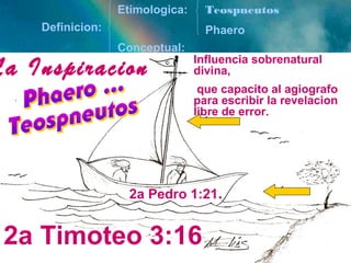 Definicion: 
Etimologica: 
Conceptual: 
Teospneutos 
Phaero 
Influencia sobrenatural 
divina, 
que capacito al agiografo 
para escribir la revelacion 
libre de error. 
La Inspiracion 
2a Pedro 1:21. 
2a Timoteo 3:16 
 