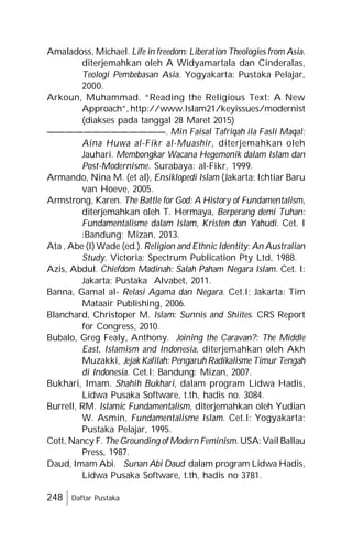248 Daftar Pustaka
Amaladoss, Michael. Life in freedom: Liberation Theologies from Asia.
diterjemahkan oleh A Widyamartala dan Cinderalas,
Teologi Pembebasan Asia. Yogyakarta: Pustaka Pelajar,
2000.
Arkoun, Muhammad. “Reading the Religious Text: A New
Approach”, http://www.Islam21/keyissues/modernist
(diakses pada tanggal 28 Maret 2015)
—————————————. Min Faisal Tafriqah ila Fasli Maqal:
Aina Huwa al-Fikr al-Muashir, diterjemahkan oleh
Jauhari. Membongkar Wacana Hegemonik dalam Islam dan
Post-Modernisme. Surabaya: al-Fikr, 1999.
Armando, Nina M. (et al), Ensiklopedi Islam (Jakarta: Ichtiar Baru
van Hoeve, 2005.
Armstrong, Karen. The Battle for God: A History of Fundamentalism,
diterjemahkan oleh T. Hermaya, Berperang demi Tuhan:
Fundamentalisme dalam Islam, Kristen dan Yahudi. Cet. I
:Bandung; Mizan, 2013.
Ata , Abe (I) Wade (ed.). Religion and Ethnic Identity: An Australian
Study. Victoria: Spectrum Publication Pty Ltd, 1988.
Azis, Abdul. Chiefdom Madinah: Salah Paham Negara Islam. Cet. I:
Jakarta; Pustaka Alvabet, 2011.
Banna, Gamal al- Relasi Agama dan Negara. Cet.I; Jakarta: Tim
Mataair Publishing, 2006.
Blanchard, Christoper M. Islam: Sunnis and Shiites. CRS Report
for Congress, 2010.
Bubalo, Greg Fealy, Anthony. Joining the Caravan?: The Middle
East, Islamism and Indonesia, diterjemahkan oleh Akh
Muzakki, Jejak Kafilah: Pengaruh Radikalisme Timur Tengah
di Indonesia. Cet.I; Bandung: Mizan, 2007.
Bukhari, Imam. Shahih Bukhari, dalam program Lidwa Hadis,
Lidwa Pusaka Software, t.th, hadis no. 3084.
Burrell, RM. Islamic Fundamentalism, diterjemahkan oleh Yudian
W. Asmin, Fundamentalisme Islam. Cet.I: Yogyakarta;
Pustaka Pelajar, 1995.
Cott, Nancy F. The Grounding of Modern Feminism. USA: Vail Ballau
Press, 1987.
Daud, Imam Abi. Sunan Abi Daud dalam program Lidwa Hadis,
Lidwa Pusaka Software, t.th, hadis no 3781.
 