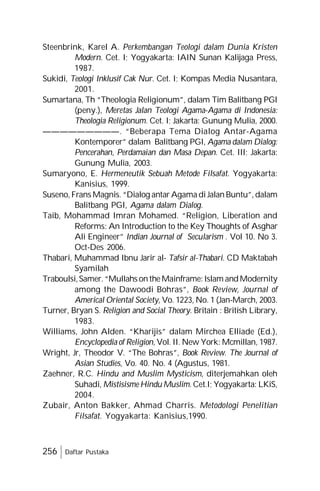 256 Daftar Pustaka
Steenbrink, Karel A. Perkembangan Teologi dalam Dunia Kristen
Modern. Cet. I; Yogyakarta: IAIN Sunan Kalijaga Press,
1987.
Sukidi, Teologi Inklusif Cak Nur. Cet. I; Kompas Media Nusantara,
2001.
Sumartana, Th “Theologia Religionum”, dalam Tim Balitbang PGI
(peny.), Meretas Jalan Teologi Agama-Agama di Indonesia:
Theologia Religionum. Cet. I; Jakarta: Gunung Mulia, 2000.
—————————. “Beberapa Tema Dialog Antar-Agama
Kontemporer” dalam Balitbang PGI, Agama dalam Dialog:
Pencerahan, Perdamaian dan Masa Depan. Cet. III; Jakarta:
Gunung Mulia, 2003.
Sumaryono, E. Hermeneutik Sebuah Metode Filsafat. Yogyakarta:
Kanisius, 1999.
Suseno, Frans Magnis. “Dialog antarAgama diJalan Buntu”, dalam
Balitbang PGI, Agama dalam Dialog.
Taib, Mohammad Imran Mohamed. “Religion, Liberation and
Reforms: An Introduction to the Key Thoughts of Asghar
Ali Engineer” Indian Journal of Secularism . Vol 10. No 3.
Oct-Des 2006.
Thabari, Muhammad Ibnu Jarir al- Tafsir al-Thabari. CD Maktabah
Syamilah
Traboulsi,Samer.“Mullahs on the Mainframe: Islam andModernity
among the Dawoodi Bohras”, Book Review, Journal of
Americal Oriental Society, Vo. 1223, No. 1 (Jan-March, 2003.
Turner, Bryan S. Religion and Social Theory. Britain : British Library,
1983.
Williams, John Alden. “Kharijis” dalam Mirchea Elliade (Ed.),
Encyclopedia of Religion, Vol. II. New York: Mcmillan, 1987.
Wright, Jr, Theodor V. “The Bohras”, Book Review. The Journal of
Asian Studies, Vo. 40. No. 4 (Agustus, 1981.
Zaehner, R.C. Hindu and Muslim Mysticism, diterjemahkan oleh
Suhadi, Mistisisme Hindu Muslim. Cet.I; Yogyakarta: LKiS,
2004.
Zubair, Anton Bakker, Ahmad Charris. Metodologi Penelitian
Filsafat. Yogyakarta: Kanisius,1990.
 