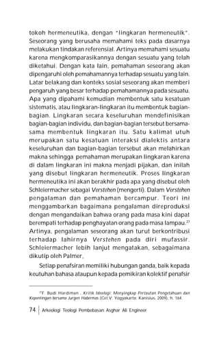 74 Arkeologi Teologi Pembebasan Asghar Ali Engineer
tokoh hermeneutika, dengan “lingkaran hermeneutik”.
Seseorang yang berusaha memahami teks pada dasarnya
melakukan tindakan referensial. Artinya memahami sesuatu
karena mengkomparasikannya dengan sesuatu yang telah
diketahui. Dengan kata lain, pemahaman seseorang akan
dipengaruhi oleh pemahamannya terhadap sesuatu yang lain.
Latar belakang dan konteks sosial seseorang akan memberi
pengaruh yang besar terhadap pemahamannya pada sesuatu.
Apa yang dipahami kemudian membentuk satu kesatuan
sistematis, atau lingkaran-lingkaran itu membentuk bagian-
bagian. Lingkaran secara keseluruhan mendefinisikan
bagian-bagian individu, dan bagian-bagian tersebut bersama-
sama membentuk lingkaran itu. Satu kalimat utuh
merupakan satu kesatuan interaksi dialektis antara
keseluruhan dan bagian-bagian tersebut akan melahirkan
makna sehingga pemahaman merupakan lingkaran karena
di dalam lingkaran ini makna menjadi pijakan, dan inilah
yang disebut lingkaran hermeneutik. Proses lingkaran
hermeneutika ini akan berakhir pada apa yang disebut oleh
Schleiermacher sebagai Verstehen (mengerti). Dalam Verstehen
pengalaman dan pemahaman bercampur. Teori ini
menggambarkan bagaimana pengalaman direproduksi
dengan mengandaikan bahwa orang pada masa kini dapat
berempati terhadap penghayatan orang pada masa lampau.27
Artinya, pengalaman seseorang akan turut berkontribusi
terhadap lahirnya Verstehen pada diri mufassir.
Schleiermacher lebih lanjut mengatakan, sebagaimana
dikutip oleh Palmer,
Setiap penafsiran memiliki hubungan ganda, baik kepada
keutuhan bahasa ataupun kepada pemikiran kolektif penafsir
27
F. Budi Hardiman , Kritik Ideologi: Menyingkap Pertautan Pengetahuan dan
Kepentingan bersama Jurgen Habermas (Cet.V; Yogyakarta: Kanisius, 2009), h. 164.
 