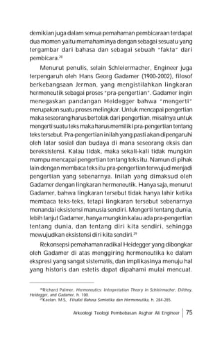 Arkeologi Teologi Pembebasan Asghar Ali Engineer 75
demikian juga dalam semua pemahaman pembicaraan terdapat
dua momen yaitu memahaminya dengan sebagai sesuatu yang
tergambar dari bahasa dan sebagai sebuah “fakta” dari
pembicara.28
Menurut penulis, selain Schleiermacher, Engineer juga
terpengaruh oleh Hans Georg Gadamer (1900-2002), filosof
berkebangsaan Jerman, yang mengistilahkan lingkaran
hermeneutik sebagai proses “pra-pengertian”. Gadamer ingin
menegaskan pandangan Heidegger bahwa “mengerti”
merupakansuatuprosesmelingkar.Untuk mencapaipengertian
maka seseorang harus bertolak dari pengertian, misalnya untuk
mengertisuatuteksmakaharusmemilikipra-pengertiantentang
tekstersebut. Pra-pengertianinilahyang pastiakandipengaruhi
oleh latar sosial dan budaya di mana seseorang eksis dan
bereksistensi. Kalau tidak, maka sekali-kali tidak mungkin
mampu mencapai pengertian tentang teks itu. Namun di pihak
lain denganmembacateksitu pra-pengertianterwujud menjadi
pengertian yang sebenarnya. Inilah yang dimaksud oleh
Gadamer dengan lingkaran hermeneutik. Hanya saja, menurut
Gadamer, bahwa lingkaran tersebut tidak hanya lahir ketika
membaca teks-teks, tetapi lingkaran tersebut sebenarnya
menandai eksistensi manusia sendiri. Mengerti tentang dunia,
lebih lanjut Gadamer,hanya mungkinkalauadapra-pengertian
tentang dunia, dan tentang diri kita sendiri, sehingga
mewujudkan eksistensi diri kita sendiri.29
Rekonsepsi pemahaman radikal Heideggeryang dibongkar
oleh Gadamer di atas menggiring hermeneutika ke dalam
ekspresi yang sangat sistematis, dan implikasinya menuju hal
yang historis dan estetis dapat dipahami mulai mencuat.
28
Richard Palmer, Hermeneutics: Interpretation Theory in Schleirmacher, Dilthey,
Heidegger, and Gadamer, h. 100.
29
Kaelan. M.S, Filsafat Bahasa Semiotika dan Hermeneutika, h. 284-285.
 