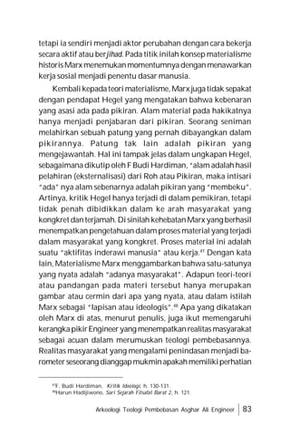 Arkeologi Teologi Pembebasan Asghar Ali Engineer 83
tetapi ia sendiri menjadi aktor perubahan dengan cara bekerja
secara aktif atau berjihad. Pada titik inilah konsep materialisme
historisMarx menemukanmomentumnyadenganmenawarkan
kerja sosial menjadi penentu dasar manusia.
Kembali kepadateori materialisme,Marx jugatidak sepakat
dengan pendapat Hegel yang mengatakan bahwa kebenaran
yang asasi ada pada pikiran. Alam material pada hakikatnya
hanya menjadi penjabaran dari pikiran. Seorang seniman
melahirkan sebuah patung yang pernah dibayangkan dalam
pikirannya. Patung tak lain adalah pikiran yang
mengejawantah. Hal ini tampak jelas dalam ungkapan Hegel,
sebagaimana dikutip oleh F Budi Hardiman, “alam adalah hasil
pelahiran (eksternalisasi) dari Roh atau Pikiran, maka intisari
“ada” nya alam sebenarnya adalah pikiran yang “membeku”.
Artinya, kritik Hegel hanya terjadi di dalam pemikiran, tetapi
tidak penah dibidikkan dalam ke arah masyarakat yang
kongkret danterjamah.Disinilah kehebatanMarx yang berhasil
menempatkan pengetahuan dalam proses material yang terjadi
dalam masyarakat yang kongkret. Proses material ini adalah
suatu “aktifitas inderawi manusia” atau kerja.47
Dengan kata
lain, Materialisme Marx menggambarkan bahwa satu-satunya
yang nyata adalah “adanya masyarakat”. Adapun teori-teori
atau pandangan pada materi tersebut hanya merupakan
gambar atau cermin dari apa yang nyata, atau dalam istilah
Marx sebagai “lapisan atau ideologis”.48
Apa yang dikatakan
oleh Marx di atas, menurut penulis, juga ikut memengaruhi
kerangkapikirEngineeryang menempatkanrealitasmasyarakat
sebagai acuan dalam merumuskan teologi pembebasannya.
Realitas masyarakat yang mengalami penindasan menjadi ba-
rometerseseorang dianggapmukminapakahmemilikiperhatian
47
F. Budi Hardiman, Kritik Ideologi, h. 130-131.
48
Harun Hadijiwono, Sari Sejarah Filsafat Barat 2, h. 121.
 