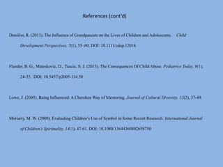 References (cont’d)
Dunifon, R. (2013). The Influence of Grandparents on the Lives of Children and Adolescents. Child
Development Perspectives, 7(1), 55–60. DOI: 10.1111/cdep.12016
Flander, B. G., Mateskovic, D., Tuscic, S. J. (2013). The Consequences Of Child Abuse. Pediatrics Today, 9(1),
24-35. DOI: 10.5457/p2005-114.58
Lowe, J. (2005). Being Influenced: A Cherokee Way of Mentoring. Journal of Cultural Diversity, 12(2), 37-49.
Moriarty, M. W. (2009). Evaluating Children’s Use of Symbol in Some Recent Research. International Journal
of Children’s Spirituality, 14(1), 47-61. DOI: 10.1080/13644360802658750
 