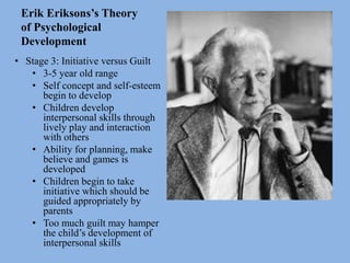 Erik Eriksons’s Theory
of Psychological
Development
• Stage 3: Initiative versus Guilt
• 3-5 year old range
• Self concept and self-esteem
begin to develop
• Children develop
interpersonal skills through
lively play and interaction
with others
• Ability for planning, make
believe and games is
developed
• Children begin to take
initiative which should be
guided appropriately by
parents
• Too much guilt may hamper
the child’s development of
interpersonal skills
 