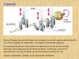 Cigonyal Si es col·loquen una sèrie de bieles en un mateix eix colzat, cada un dels colzes de l’eix fa les vegades de manovella, i el conjunt es denomina cigonyal. El cigonyal transforma el moviment de rotació d’un eix en els moviments alternatius descompassats de las diferents bieles. També pot convertir el moviment de vaivé de las bieles en un moviment de rotació de l’eix. Aquest  mecanisme s’utilitza en els motors de combustió. 