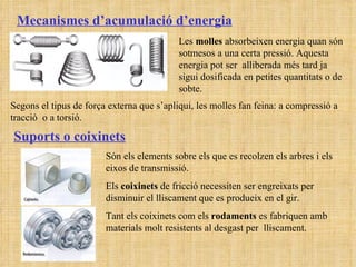 Suports o coixinets Mecanismes d’acumulació d’energia Les  molles  absorbeixen energia quan són sotmesos a una certa pressió. Aquesta energia pot ser  alliberada més tard ja sigui dosificada en petites quantitats o de sobte. Segons el tipus de força externa que s’apliqui, les molles fan feina: a compressió a tracció  o a torsió.  Són els elements sobre els que es recolzen els arbres i els eixos de transmissió. Els  coixinets  de fricció necessiten ser engreixats per disminuir el lliscament que es produeix en el gir. Tant els coixinets com els  rodaments  es fabriquen amb materials molt resistents al desgast per  lliscament. 