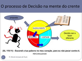 Na mente de Daniel
proposta
Decidiu ser e
fazer
diferente
(SL 119:11) - Escondi a tua palavra no meu coração, para eu não pecar contra ti.
O processo de Decisão na mente do crente
Pr. Moisés Sampaio de Paula
9
 