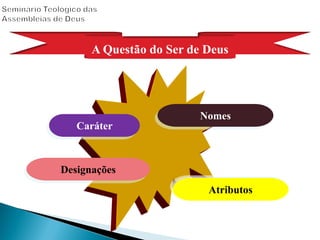 A Questão do Ser de Deus
Caráter
Atributos
Nomes
Designações
 