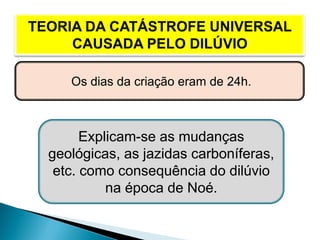 Os dias da criação eram de 24h.
Explicam-se as mudanças
geológicas, as jazidas carboníferas,
etc. como consequência do dilúvio
na época de Noé.
 