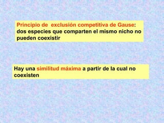 Principio de exclusión competitiva de Gause:
dos especies que comparten el mismo nicho no
pueden coexistir
Hay una similitud máxima a partir de la cual no
coexisten
 