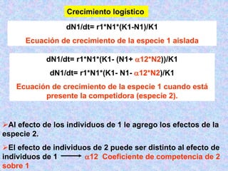 dN1/dt= r1*N1*(K1-N1)/K1
Ecuación de crecimiento de la especie 1 aislada
dN1/dt= r1*N1*(K1- (N1+ 12*N2))/K1
dN1/dt= r1*N1*(K1- N1- 12*N2)/K1
Ecuación de crecimiento de la especie 1 cuando está
presente la competidora (especie 2).
Crecimiento logístico
Al efecto de los individuos de 1 le agrego los efectos de la
especie 2.
El efecto de individuos de 2 puede ser distinto al efecto de
individuos de 1 12 Coeficiente de competencia de 2
sobre 1
 