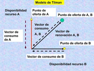 Disponibilidad
recurso A
Punto de
oferta de A
Vector de
consumo
de A
Disponibilidad recurso B
Punto de oferta de B
Punto de oferta de A, B
Vector de consumo de B
Modelo de Tilman
Vector de
renovación A, B
Vector de
consumo
A, B
 