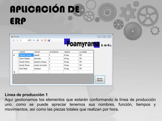 APLICACIÓN DE ERPLínea de producción 1Aquí gestionamos los elementos que estarán conformando la línea de producción uno, como se puede apreciar tenemos sus nombres, función, tiempos y movimientos, así como las piezas totales que realizan por hora.