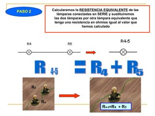 PASO 2 Calcularemos la  RESISTENCIA EQUIVALENTE  de las  lámparas conectadas en SERIE y sustituiremos  las dos lámparas por otra lámpara equivalente que tenga una resistencia en ohmios igual al valor que hemos calculado R 4-5 = R 4   +  R 5 R  = R  + R  4-5 4 5 R 4   R 5 