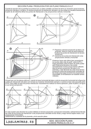 SECCIÓN PLANA PRODUCIDA POR UN PLANO PARALELO A LT
Cuando la sección de la superficie se produce por un plano paralelo a la linea de tierra es necesario sacar la tercera
proyección del plano y la figura. En tercera proyección la intersección del plano con las aristas se visualiza directamente.
A partir de ahi debemos llevar los puntos de intersección a las proyecciones vertical y horizontal.
1
2
SDO: SECCIÓN PLANA
PLANOS PARALELOS A LT
Al igual que con los planos oblícuos, cuando la traza horizontal del plano corta la proyección horizontal de la figura los
puntos de intersección del plano con la base se muestran directamente siempre y cuando la base este apoyada sobre
el PH. Para hallar el resto de puntos intersección necesitaremos realizar la misma operación, pasar el plano y la figura
a una tercera proyección.
P
1' 2'3'
4'
1
4
3
2
P'
P
1' 2'3'
4'
1
4
3
2
P'
(3)
(4)
(2) (1)
(c)
(b)
(a)
(P)
P
1' 2'3'
4'
1
4
3
2
P'
(3)
(4)
(2) (1)
(c)
(b)
(a)
(P)
1º- Pasamos a tercera proyección el plano y la
pirámide. Sobre la vista de perfil podemos
localizar los puntos de intersección en tercera
proyección.
2º- Llevamos los puntos de intersección a las
proyecciones vertical y horizontal.
Podemos hacer esto último bien proyectando
los puntos dela vista de perfil sobre el PH y
luego girandolos sobre el plano de perfil auxiliar
para finalmente llevarlos a las rectas
(procedimiento inverso al que hemos utilizado
para la tercera proyección del plano y la
pirámide), o bien llevando las cotas de la tercera
proyección sobre las proyecciones verticales de
las rectas para luego encontrar las proyecciones
horizontales. En la ilustración se muestran ambos
métodos.
P
1' 2'3'
4'
1
4
3
2
P'
P
1' 2'3'
4'
1
4
3
2
P'
(4)
(3)
P
1' 2'3'
4'
1
4
3
2
P'
(4)
(3) (2) (1)
En esta ocasión para devolver los puntos hallados en tercera proyección a proyección horizontal y vertical hemos llevado
las cotas de los puntos de intersección a las proyecciones verticales de las rectas y luego hemos bajado estas a sus
proyecciones horizontales.
OBSERVAR la visibilidad de la piramide y de la sección plana.
 