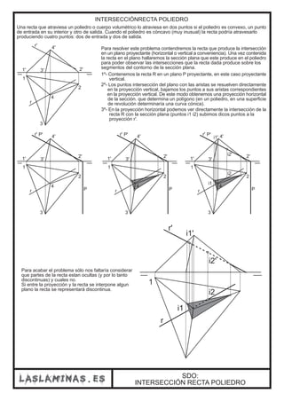 INTERSECCIÓNRECTA POLIEDRO
Una recta que atraviesa un poliedro o cuerpo volumétrico lo atraviesa en dos puntos si el poliedro es convexo, un punto
de entrada en su interior y otro de salida. Cuando el poliedro es cóncavo (muy inusual) la recta podría atravesarlo
produciendo cuatro puntos: dos de entrada y dos de salida.
SDO:
INTERSECCIÓN RECTA POLIEDRO
r
1' 2'3'
4'
1
4
3
2
r'
Para resolver este problema contendremos la recta que produce la intersección
en un plano proyectante (horizontal o vertical a conveniencia). Una vez contenida
la recta en el plano hallaremos la sección plana que este produce en el poliedro
para poder observar las intersecciones que la recta dada produce sobre los
segmentos del contorno de la sección plana.
1º- Contenemos la recta R en un plano P proyectante, en este caso proyectante
vertical.
2º- Los puntos intersección del plano con las aristas se resuelven directamente
en la proyección vertical, bajamos los puntos a sus aristas correspondientes
en la proyección vertical. De este modo obtenemos una proyección horizontal
de la sección. que determina un polígono (en un poliedro, en una superficie
de revolución determinaría una curva cónica).
3º- En la proyección horizontal podemos ver directamente la intersección de la
recta R con la sección plana (puntos i1 i2) subimos dicos puntos a la
proyección r'.
r
1' 2'
3'
4'
1
4
3
2
r' P'
P r
1' 2'
3'
4'
1
4
3
2
r' P'
P r
1' 2'
3'
4'
1
4
3
2
r' P'
P
i2
i1
i2'
i1'
r
1
r'
i2
i1
i2'
i1'
Para acabar el problema sólo nos faltaría considerar
que partes de la recta estan ocultas (y por lo tanto
discontinuas) y cuales no.
Si entre la proyección y la recta se interpone algun
plano la recta se representará discontinua.
 