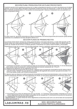 SECCIÓN PLANA PRODUCIDA POR UN PLANO PROYECTANTE
Cuando la sección de la superficie se produce por un plano proyectante la solución es mucho más directa que el método
general, ya que la traza oblicua del plano proyectante muestra los puntos de intersección, a partir de ahi solo queda
llevar mediante perpendiculares a LT los puntos a la otra proyección. Veamos el mecanismo con una pirámide y un
plano proyectante vertical.
P
1' 2' 3'
4'
1
4
3
2
P'
1 2
SDO: SECCIÓN PLANA
ALGUNAS PARTICULARIDADES
P
1' 2' 3'
4'
1
4
3
2
P'
P
1' 2' 3'
4'
1
4
3
2
P'
SECCIÓN PLANAS DE PRISMAS RECTOS
Los prismas rectos tienen siempre las aristas perpendiculares a las bases del prisma y si este está apoyado en PH
dichas aristas son rectas perpendiculares al PH de proyección. La intersección de estas rectas con planos oblicuos
puede ser resuelta de dos formas: el método general y conteniendo en el plano rectas frontales u horizontales.
Presentamos el caso de un prisma recto de base triangular. Vamos a resolverlo conteniendo en P rectas frontales.
En estos casos de secciones producidas por planos proyectantes una de las proyecciones de la sección queda siempre
contenida en su totalidad en la traza del plano oblícua a LT.
P
1' 2'3'
1-4
3-6
2-5
P'
4' 6' 5'
P
1' 2'3'
1-4
3-6
2-5
P'
4' 6' 5'
P
1' 2'3'
1-4
3-6
2-5
P'
4' 6' 5'
P
1' 2'3'
1-4
3-6
2-5
P'
4' 6' 5'
1 2 3
1º- Contenemos en el plano una recta frontal que pasa por la proyección horizontal del segmento 1-4. En la intersección
entre ambas rectas en proyección vertical encontraremos el punto intersección de 1-4 con P.
2º- Repetimos la operación con los segmentos 3-6 y 2-5.
3º- Podemos trazar las proyecciones de la sección. Observar que en proyección horizontal la sección abarca toda el
area de la base. También hay que atender a la visibilidad del segmento de la sección que pare de la arista 1-4 a
la 2-5 que queda oculta y por lo tanto es discontinua.
En algunos casos se observa en planta (proyección horizontal) que la traza horizontal del plano corta a la base. En esos
casos la intersección del plano con esos segmentos es directa, ya que dichos segmentos se encuentran sobre PH.
P
P'
P
P'
P
P'
P
P'
1 2 3
1º- Encontramos los puntos de intersección de P con la base. 2º- Trazamos rectas frontales contenidas en P con el
mismo alejamiento que las dos aristas susceptibles de ser cortadas por P, encontramos los puntos de intersección.
3º- Trazamos las dos proyecciones de la sección.
OBSERVASMOS: La arista vertical de menor alejamiento es discontinua asó como uno de los lados de la proyección
vertical de la sección. b
 
