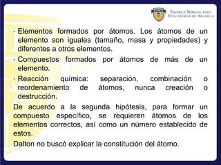 • Elementos formados por átomos. Los átomos de un
elemento son iguales (tamaño, masa y propiedades) y
diferentes a otros elementos.
• Compuestos formados por átomos de más de un
elemento.
• Reacción química: separación, combinación o
reordenamiento de átomos, nunca creación o
destrucción.
De acuerdo a la segunda hipótesis, para formar un
compuesto específico, se requieren átomos de los
elementos correctos, así como un número establecido de
estos.
Dalton no buscó explicar la constitución del átomo.
 