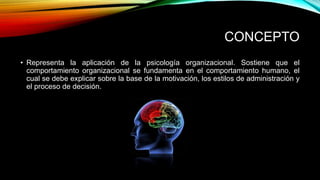 CONCEPTO
• Representa la aplicación de la psicología organizacional. Sostiene que el
comportamiento organizacional se fundamenta en el comportamiento humano, el
cual se debe explicar sobre la base de la motivación, los estilos de administración y
el proceso de decisión.
 