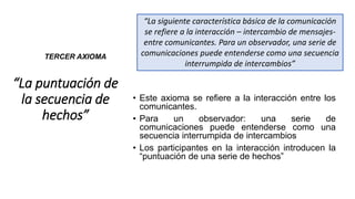 “La puntuación de
la secuencia de
hechos”
• Este axioma se refiere a la interacción entre los
comunicantes.
• Para un observador: una serie de
comunicaciones puede entenderse como una
secuencia interrumpida de intercambios
• Los participantes en la interacción introducen la
“puntuación de una serie de hechos”
TERCER AXIOMA
“La siguiente característica básica de la comunicación
se refiere a la interacción – intercambio de mensajes-
entre comunicantes. Para un observador, una serie de
comunicaciones puede entenderse como una secuencia
interrumpida de intercambios”
 