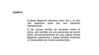 Cuando llegamos decimos buen dia y el otro
nos responde buen dia, esa situación
interpersonal.
O las típicas charlas de ascensor sobre el
clima, eso también es una secuencia de hecho
dada convencionalmente en una cultura donde
llegamos saludamos y capaz también hacemos
un intercambio sin mucho compromiso.
EJEMPLO
 