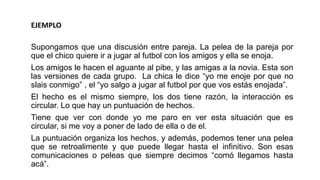 Supongamos que una discusión entre pareja. La pelea de la pareja por
que el chico quiere ir a jugar al futbol con los amigos y ella se enoja.
Los amigos le hacen el aguante al pibe, y las amigas a la novia. Esta son
las versiones de cada grupo. La chica le dice “yo me enoje por que no
slais conmigo” , el “yo salgo a jugar al futbol por que vos estás enojada”.
El hecho es el mismo siempre, los dos tiene razón, la interacción es
circular. Lo que hay un puntuación de hechos.
Tiene que ver con donde yo me paro en ver esta situación que es
circular, si me voy a poner de lado de ella o de el.
La puntuación organiza los hechos, y además, podemos tener una pelea
que se retroalimente y que puede llegar hasta el infinitivo. Son esas
comunicaciones o peleas que siempre decimos “comó llegamos hasta
acá”.
EJEMPLO
 