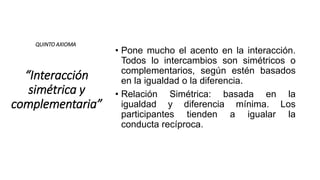 “Interacción
simétrica y
complementaria”
• Pone mucho el acento en la interacción.
Todos lo intercambios son simétricos o
complementarios, según estén basados
en la igualdad o la diferencia.
• Relación Simétrica: basada en la
igualdad y diferencia mínima. Los
participantes tienden a igualar la
conducta recíproca.
QUINTO AXIOMA
 