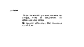 El tipo de relación que tenemos entre los
amigos, entre los estudiantes, las
relaciones entre pareja.
No suponen diferencias. Son relaciones
asimétricas.
EJEMPLO
 