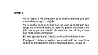 Yo no hablo o me comunico de la misma manera que con
mis padres, amigos o un jefe.
Yo le puedo decir a mi hijo que se vaya a bañar por que
tengo un autoridad sobre él, pero no puedo decírselo a un
jefe. No tengo una relación de autoridad con el, hay cosas
que no le puedo comunicar.
En este ejemplo se da relación y contenido del mensaje.
Prestigioso médico, si lo dice que la salida de la cuarentena
lo dice de manera tiene más credibilidad que si lo sigo yo
EJEMPLO
 