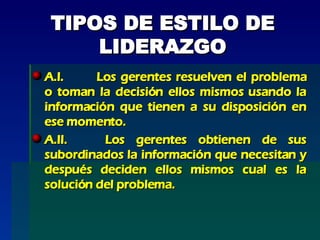 TIPOS DE ESTILO DE LIDERAZGO A.I. Los gerentes resuelven el problema o toman la decisión ellos mismos usando la información que tienen a su disposición en ese momento. A.II.  Los gerentes obtienen de sus subordinados la información que necesitan y después deciden ellos mismos cual es la solución del problema. 