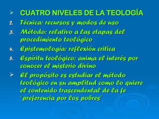 CUATRO NIVELES DE LA TEOLOGÍA Técnica: recursos y modos de uso Método: relativo a las etapas del procedimiento teológico Epistemología: reflexión critica Espíritu teológico: anima el interés por conocer el misterio divino El propósito es estudiar el método teológico en su amplitud como lo quiere el contenido trascendental de la fe “preferencia por los pobres” 