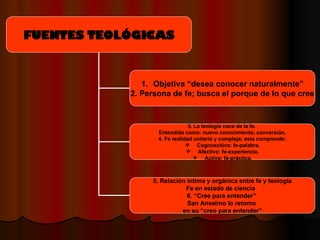 FUENTES TEOLÓGICAS Objetiva “desea conocer naturalmente” 2. Persona de fe; busca el porque de lo que cree 3. La teología nace de la fe.  Entendida como: nuevo conocimiento, conversión. 4. Fe realidad unitaria y compleja; esta comprende: Cognoscitiva: fe-palabra. Afectivo: fe-experiencia. Activo: fe-práctica. 5.   Relación íntima y orgánica entre fe y teología Fe en estado de ciencia  6. “Cree para entender”  San Anselmo lo retomo  en su “creo para entender” 