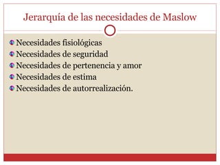 Jerarquía de las necesidades de Maslow Necesidades fisiológicas  Necesidades de seguridad Necesidades de pertenencia y amor Necesidades de estima Necesidades de autorrealización.  