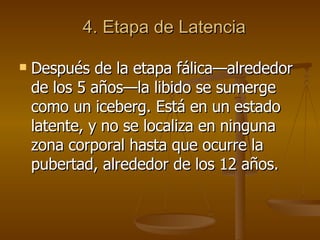 4. Etapa de Latencia Después de la etapa fálica—alrededor de los 5 años—la libido se sumerge como un iceberg. Está en un estado latente, y no se localiza en ninguna zona corporal hasta que ocurre la pubertad, alrededor de los 12 años.  