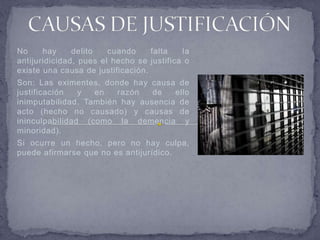 No     hay     delito   cuando     falta   la
antijuridicidad, pues el hecho se justifica o
existe una causa de justificación.
Son: Las eximentes, donde hay causa de
justificación   y  en   razón   de   ello
inimputabilidad. También hay ausencia de
acto (hecho no causado) y causas de
ininculpabilidad (como la demencia y
minoridad).
Si ocurre un hecho, pero no hay culpa,
puede afirmarse que no es antijurídico.
 