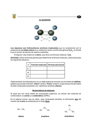 55
ALQUENOS
Los alquenos son hidrocarburos acíclicos insaturados que se caracterizan por la
presencia de un doble enlace en su molécula y tienen una fórmula general Cn
H2n
, en donde
n es el número de átomos de carbono presentes.
El alqueno más simple es el eteno, que tiene una fòrmula molecuar: C2
H4
Históricamente, los hidrocarburos con un doble enlace se conocían con el nombre de olefinas,
palabra que proviene del latín “oleum” aceite y “ficare” producir, surgió porque los derivados
de tales compuestos presentan una apariencia aceitosa (oleosa).
Actividad: Utiliza la fórmula general para determinar la fórmula molecular y estructural para
los siguientes alquenos.
Nomenclatura de alquenos
Al igual que con otras clases de compuestos orgánicos, se utilizan dos sistemas de
nomenclatura: la común y la sistemática (IUPAC).
En el sistema común, que se utiliza para compuestos sencillos, la terminación ano del
nombre del alcano es sustituida por el sufijo ileno.
CH3
CH
CH2
CH3
C
CH3
CH2
etileno propileno isobutileno
CH2 CH2
Fórmula molecular Fórmula estructural
n
3
4
5
 