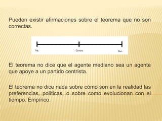 Pueden existir afirmaciones sobre el teorema que no son
correctas.




El teorema no dice que el agente mediano sea un agente
que apoye a un partido centrista.

El teorema no dice nada sobre cómo son en la realidad las
preferencias, políticas, o sobre como evolucionan con el
tiempo. Empírico.
 